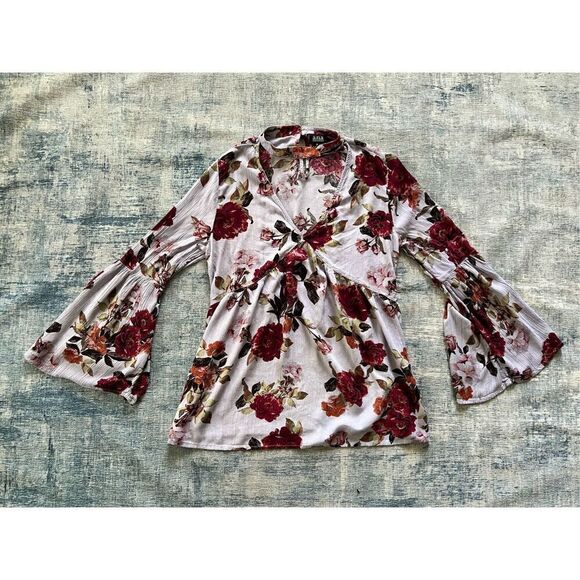 ANA Blue Red Floral Bell Sleeve Peasant Blouse w Choker V Neckline Medium - Picture 6 of 7